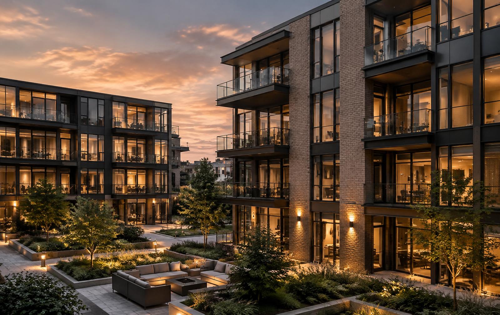 SOEL Equity multifamily courtyard at dusk